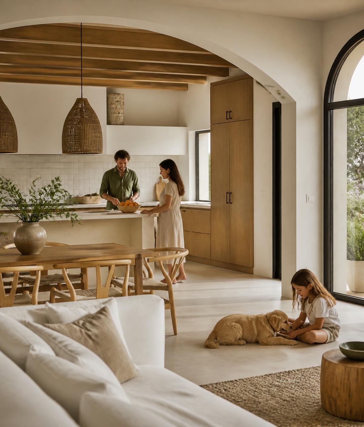 Οικογενειακή στιγμή σε φωτεινό μεσογειακό σπίτι